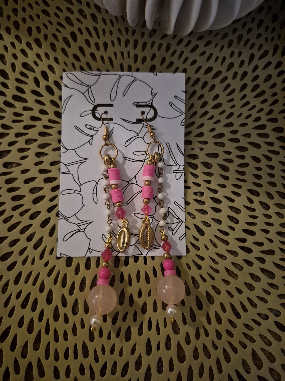Handmade Pink Beaded Dangle Earrings with Gold Accents